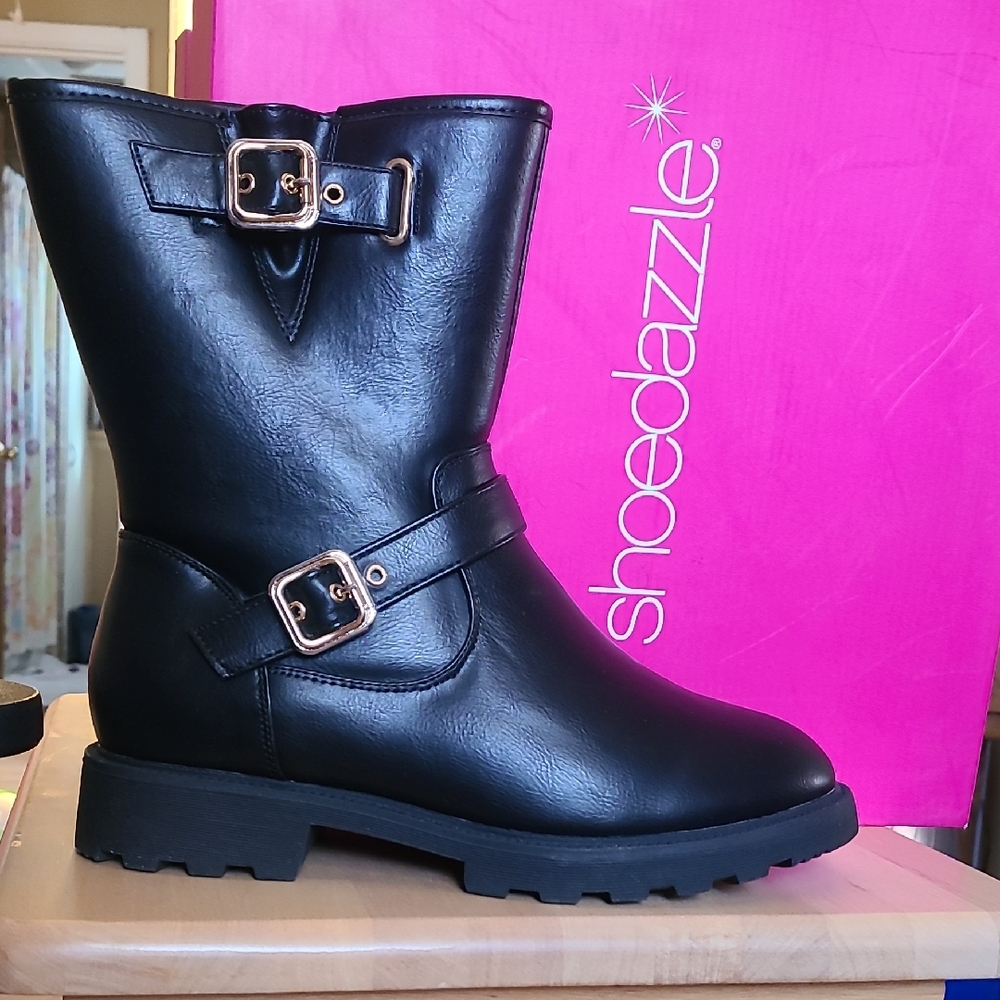 Shoe Dazzle Black Ankle Boots with Gold Buckles
